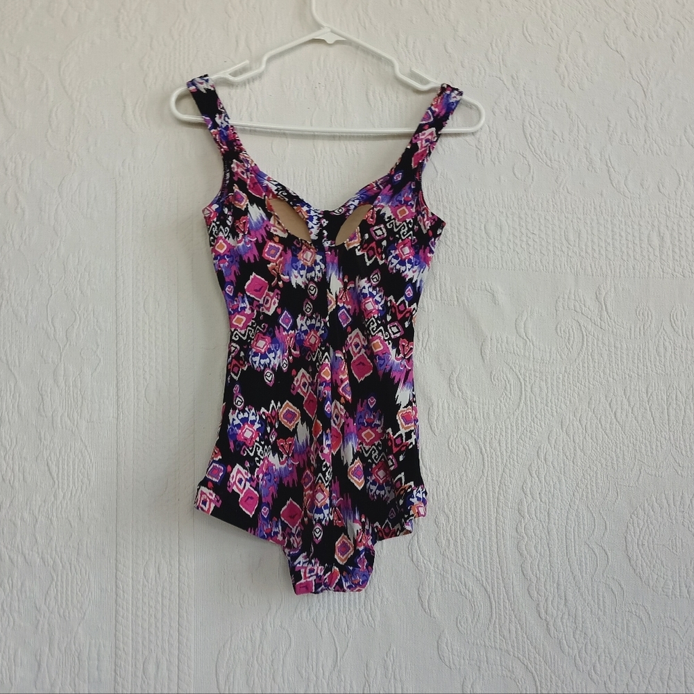 Purple Tribal Print Swimsuit Tummy Control Ruched Padded Cup Modest Medium - Picture 8 of 14